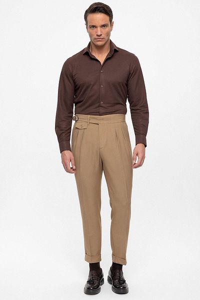 Antioch Camel High Waist (BOYFRİEND) Pleated Fabric Trousers with Buckle Belt