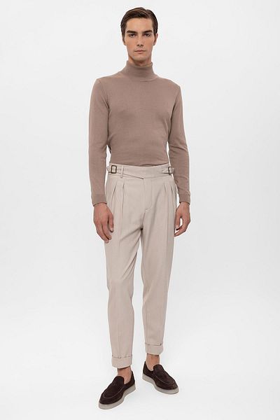 Antioch Light Beige Buckle Detailed Pleated Men's Trousers