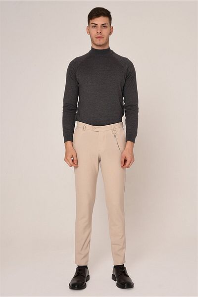 Antioch Beige Men's Slim Fit Straight Accessory Fabric Trousers