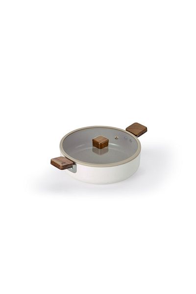 NEOFLAM ,bien,low Cooking Pot 24cm,with Glass Lid,wood Knope,wood Hand,cream Beige Marble