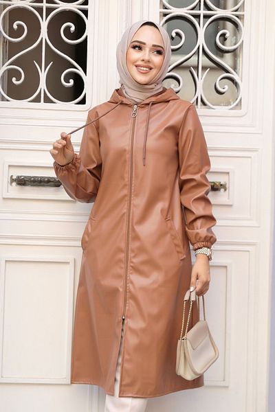 Neva Style Hooded Tan Leather Hijab Cap 50951Tb