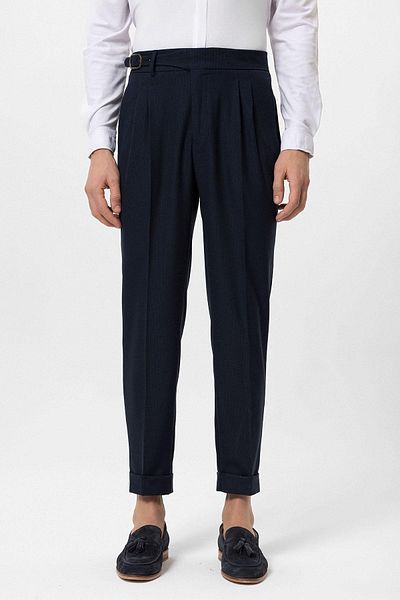 Antioch Navy Blue High Waist Pleated Buckle Detailed Men's Trousers