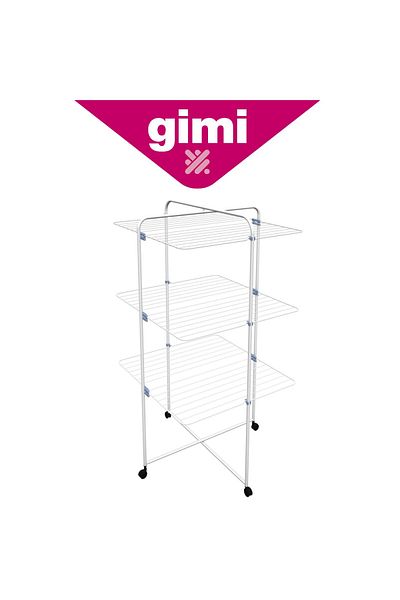 Gimi رف غسيل خطي قابل للطي بثلاثة أرفف - رف تجفيف فولاذي بثلاثة أرفف وست شبكات مستقلة