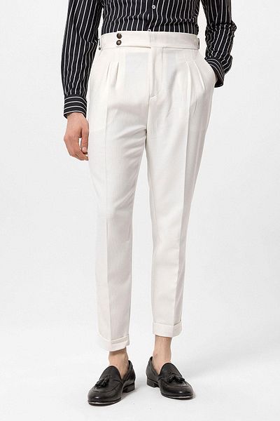 Antioch Ecru High Waist Side Buckle Pleated Fabric Trousers