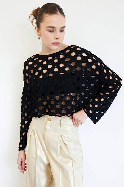 TENA Pulover de damă negru din tricot scobit