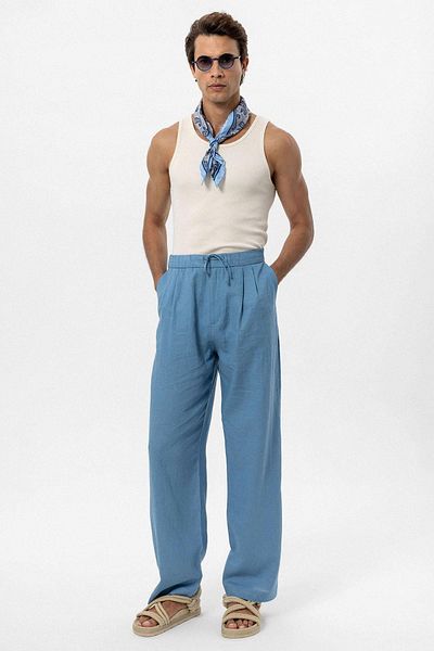 Antioch Baby Blue Waist Tied Linen Blended Baggy Men's Trousers