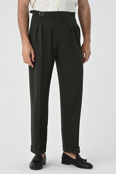 Antioch Khaki Buckle Detailed Pleated High Waist Men's Trousers