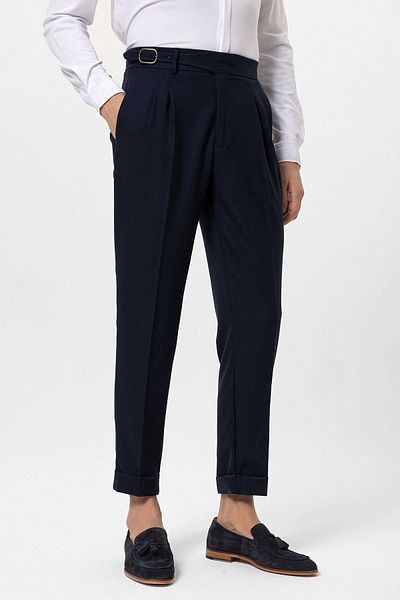 Antioch Navy Blue High Waist Pleated Buckle Detailed Men's Trousers