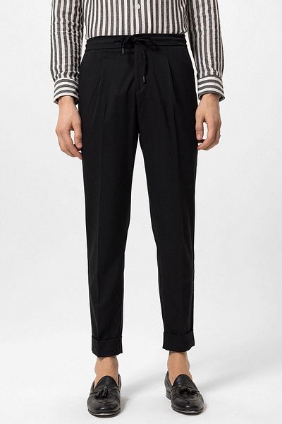 Antioch Black Elastic Waist Pleated Men's Trousers