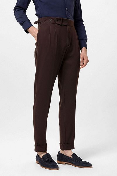 Antioch Dark Brown High Waist Pleated Carrot Fit Men's Trousers