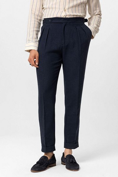 Antioch High Waist Linen Blended Navy Blue Men's Double Leg Trousers