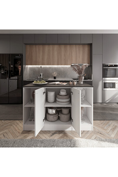 Tdesigno Reina Mutfak Adası Alt Modül 120 cm Beyaz -Antrasit Tezgah Dahil