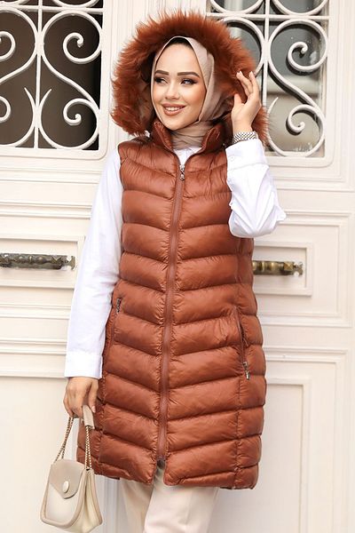 Neva Style Dark Tan Hijab Puffer Vest 80171Ktb