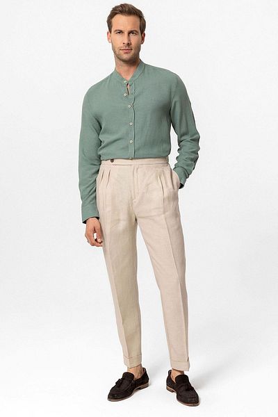 Antioch Beige High Waist 100% Linen Pleated Men's Trousers