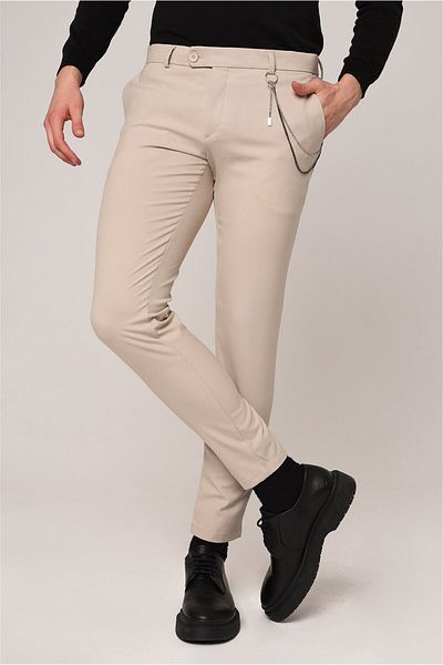 Antioch Beige Men's Slim Fit Trousers with Accessory Detail