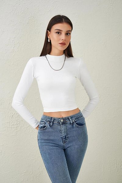 TENA Bluză de damă Ecru cu guler în picioare Scuba Fabric Crop
