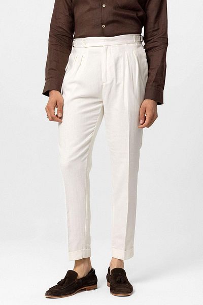 Antioch High Waist White Linen Men's Trousers - Double Leg