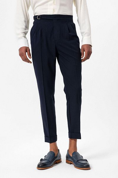 Antioch Dark Navy Blue High Waist Buckle Closure Pleated Men's Trousers