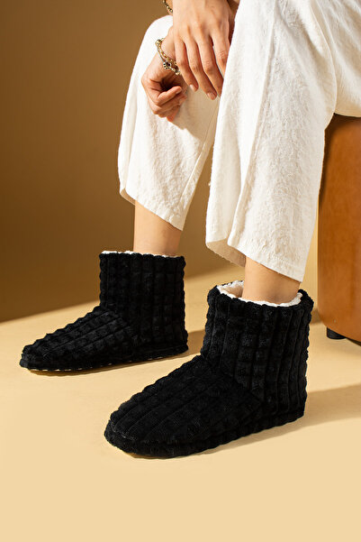 WMİLANO Kadın Siyah Panduf Günlük Sıcak Astar Rahat Taban Ev Botu Ev Ayakkabısı