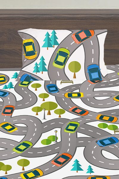 3D ELSE HALI Traffic Car Road Patterned Boy's Single Pillowed Elastic Sheet Set 100X200Cm