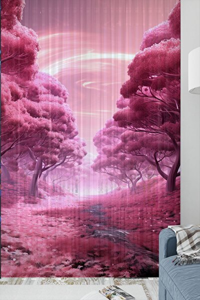 3D ELSE HALI Mor Çiçek Bahçesi Desenli Kıc Çocuk Tül Perde Tek Kanat 140x260cm