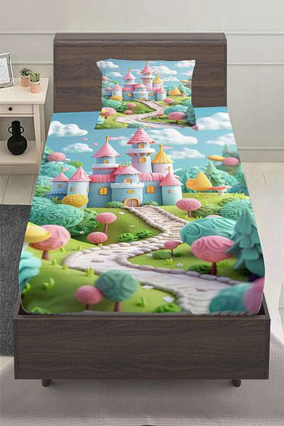3D ELSE HALI Colorful Castle Patterned Girl's Single Pillowed Elastic Sheet Set 100X200Cm