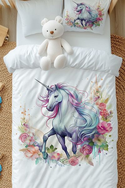 3D ELSE HALI Colorful Floral Print Unicorn Duvet Cover Set for Girl - Single with Pillow Kilf