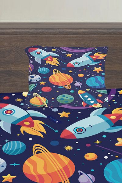 3D ELSE HALI Space Planets Patterned Boy's Single Pillowed Elastic Sheet Set 100X200Cm