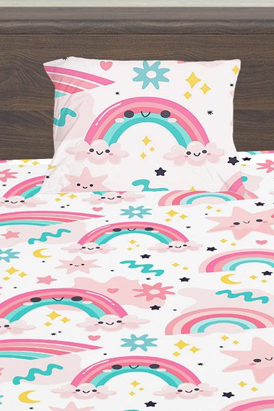 3D ELSE HALI Pink Sky Belted Patterned Girl's Single Padded Elastic Sheet Set 100X200Cm