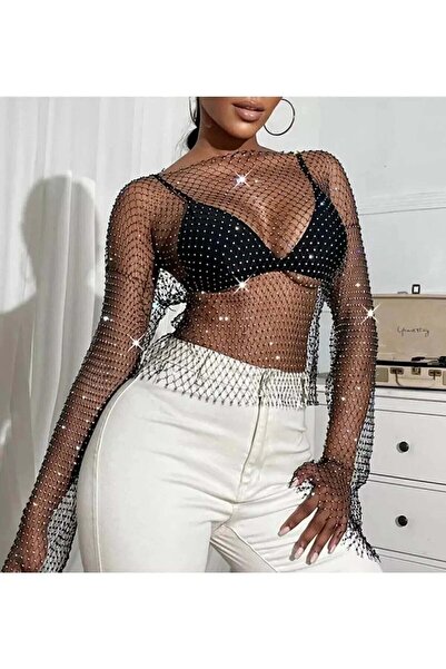 KARAASLAN Bluză crop din plasă de piatră de cristal