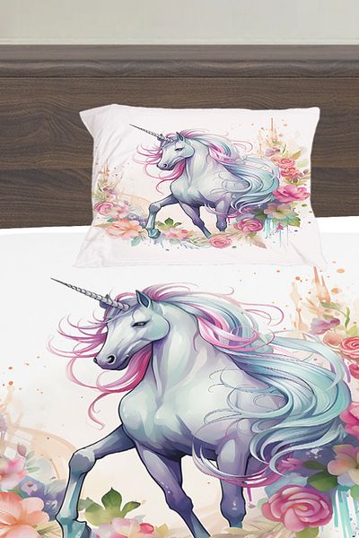 3D ELSE HALI Colorful Floral Unicorn Horse Patterned Girl's Single Padded Fitted Sheet Set 100X200Cm