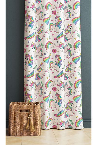 3D ELSE HALI Rainbow Unicorn Horse Patterned Girl's Room Background Curtain 140X260Cm