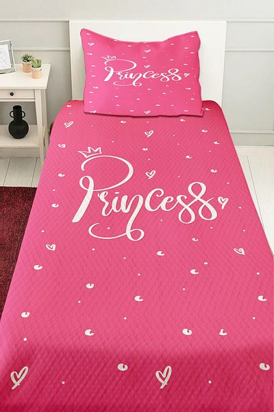 3D ELSE HALI Pink and White Girl's Single Pique Bedspread - Lettered Patterned Quilted