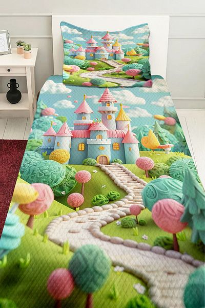 3D ELSE HALI Colorful Castle Patterned Single Pique Bed Set for Girl - Quilted Cover