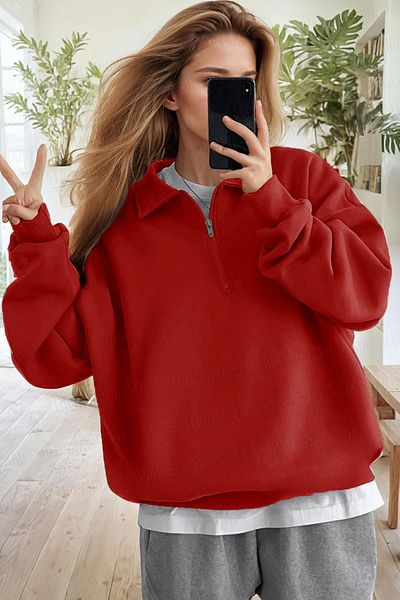 Millionaire Women's Red Half Zipper Polo Collar 3 Thread Fleece Ribbed Oversize Sweatshirt