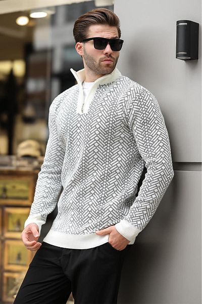 Madmext Ecru Zipper Collar Long Sleeve Patterned Knitted Sweater E7287