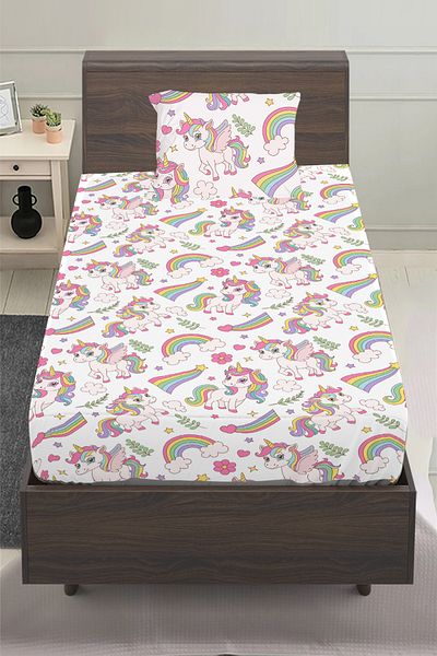 3D ELSE HALI Unicorn Rainbow Patterned - Girl's Single Fitted Sheet Set 100X200Cm