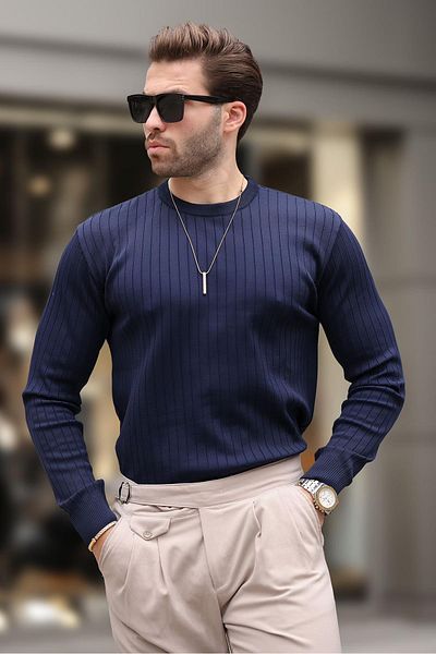 Madmext Μακρυμάνικο πουλόβερ Navy Blue Crew με ριγέ λαιμόκοψη E7273