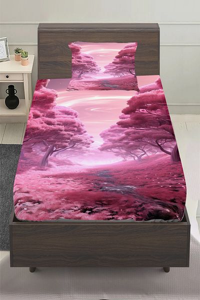 3D ELSE HALI Purple Flower Garden Patterned Kıc Children's Single Pillowed Elastic Sheet Set 100X200Cm