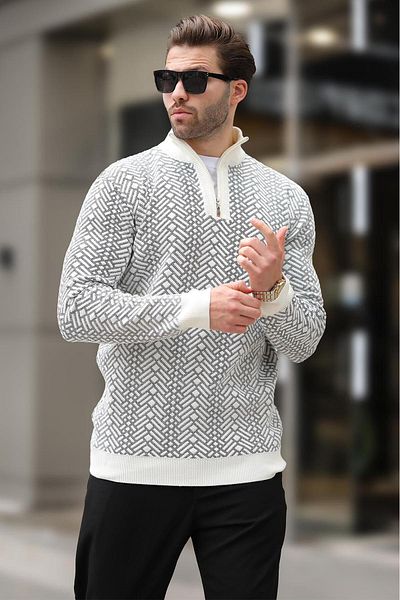 Madmext Ecru Zipper Collar Long Sleeve Patterned Knitted Sweater E7287