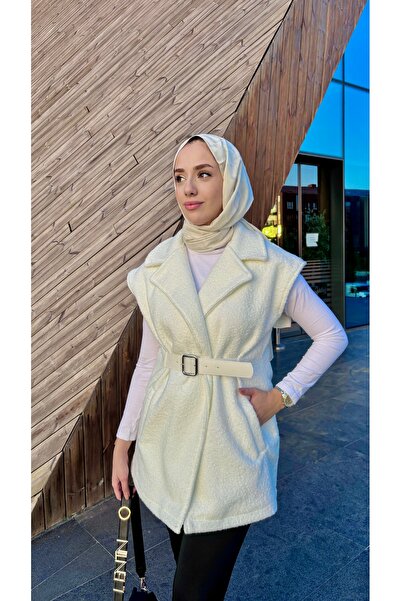 Tesettür Diyarı Білий жилет з кишенями - з поясом