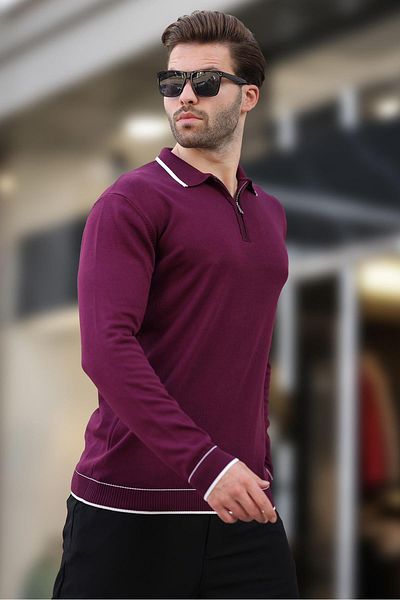 Madmext Μωβ μακρυμάνικο πουλόβερ με φερμουάρ Polo γιακά ριγέ λεπτομέρεια 7267