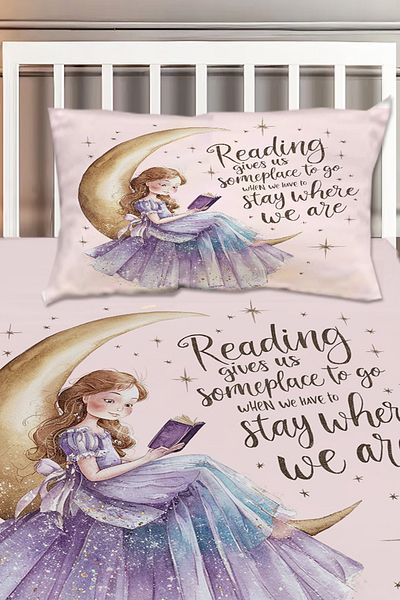 Else Halı Girl Sitting on the Pink Moon Patterned Girl's Decorative Printed Bedspread