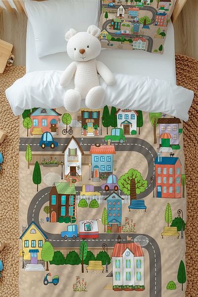 3D ELSE HALI Boy's Single Duvet Cover Set - Neighborhood City Pattern, Pillowcase
