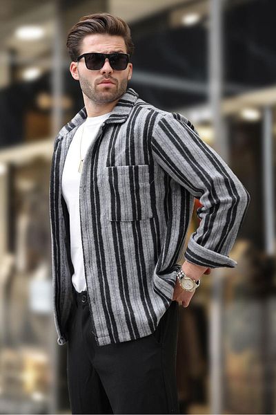 Madmext Schwarz gemustertes Herren-Fleecehemd mit Taschen E6757
