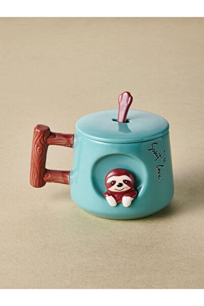 GUNES ZUCCACIYE Animal Pattern Ceramic Mug with Lid and Spoon 370 ml