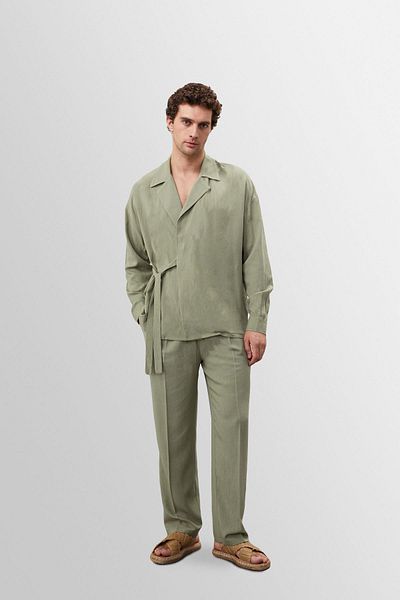 Antioch Light Khaki High Waist Pleated Linen Blended Men's Trousers