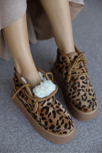 Ayakkabı Delisiyim Heribo Leopard Wool Inside Thick Sole Lace up Women's Boots