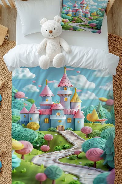 3D ELSE HALI Colorful Castle Patterned Single Duvet Cover Set for Girl - with Pillowcase