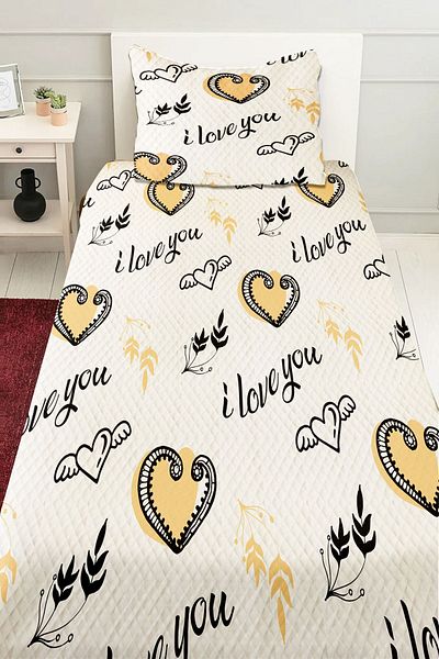 3D ELSE HALI I Love You Patterned Single Pique Set with Heart Quilted Bedspread